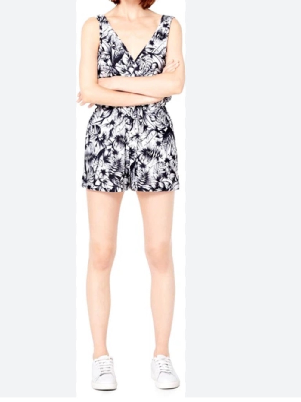 Mango Basics Black Label Floral design on Cream Fabric, Elastic Waist Romper.